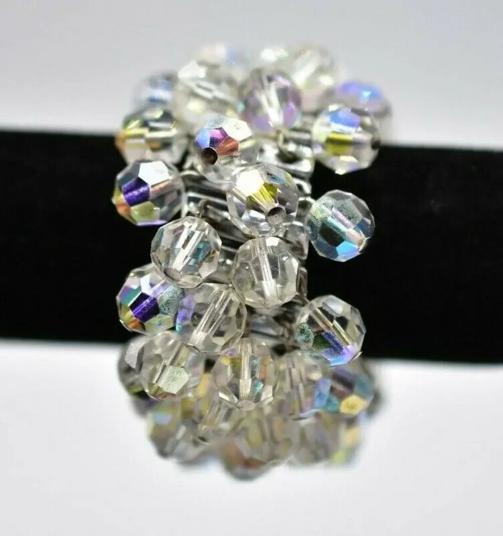 Japan Vintage Crystal Beaded Cluster Bracelet Dangle Aurora Borealis 1960s Bin2